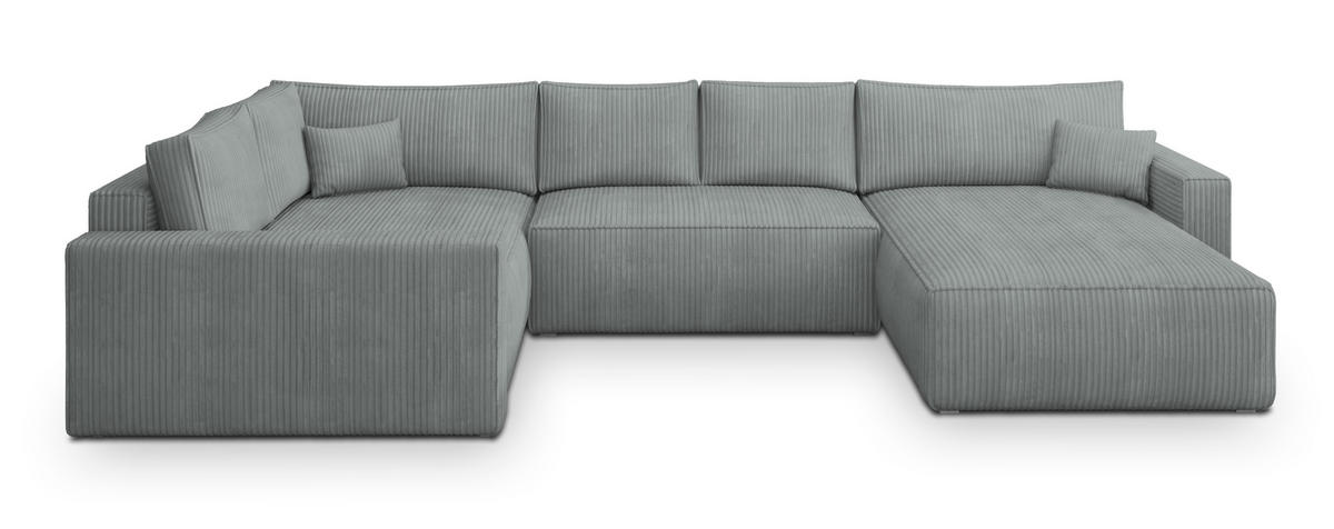 WOHNLANDSCHAFT VELAMI L-S Hellgrau Kordstoff mit Schlaffunktion - Hellgrau, Holz (365/83/194cm) - MASSENO