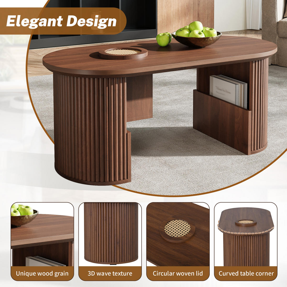 COUCHTISCH 105/50/46,5 cm Nussbaum aus Holzwerkstoff mit Stauraumfächern und abgerundeten Ecken - Nussbaumfarben, Holzwerkstoff (105/50/46.5cm) - OKWISH