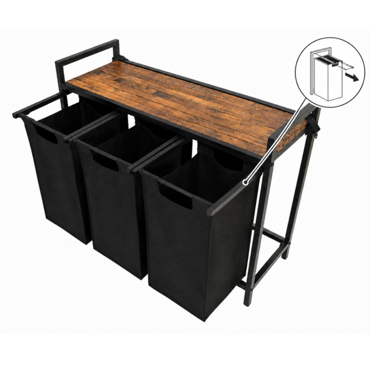 WÄSCHEKORB Metall Schwarz 3 herausnehmbare Wäschesäcke 114 Liter 92,5x33x71 cm - Dunkelbraun/Schwarz, Holzwerkstoff/Textil (92.5/71/33cm) - Begryf