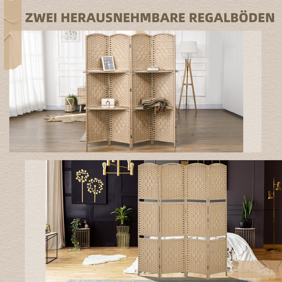 PARAVENT aus Papierfaser in Naturholz-Optik - Naturfarben, Holz/Papier (1.6/170cm) - HOMCOM