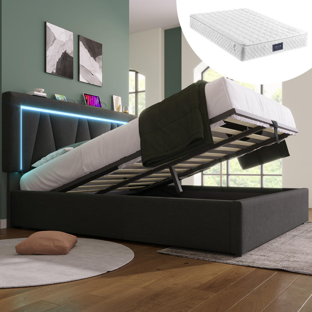 POLSTERBETT 140/200 cm mit LED-Beleuchtung, USB- und Type-C-Anschluss, Bettkasten und Matratze, Grau - Grau, Textil (140/200cm) - Redom