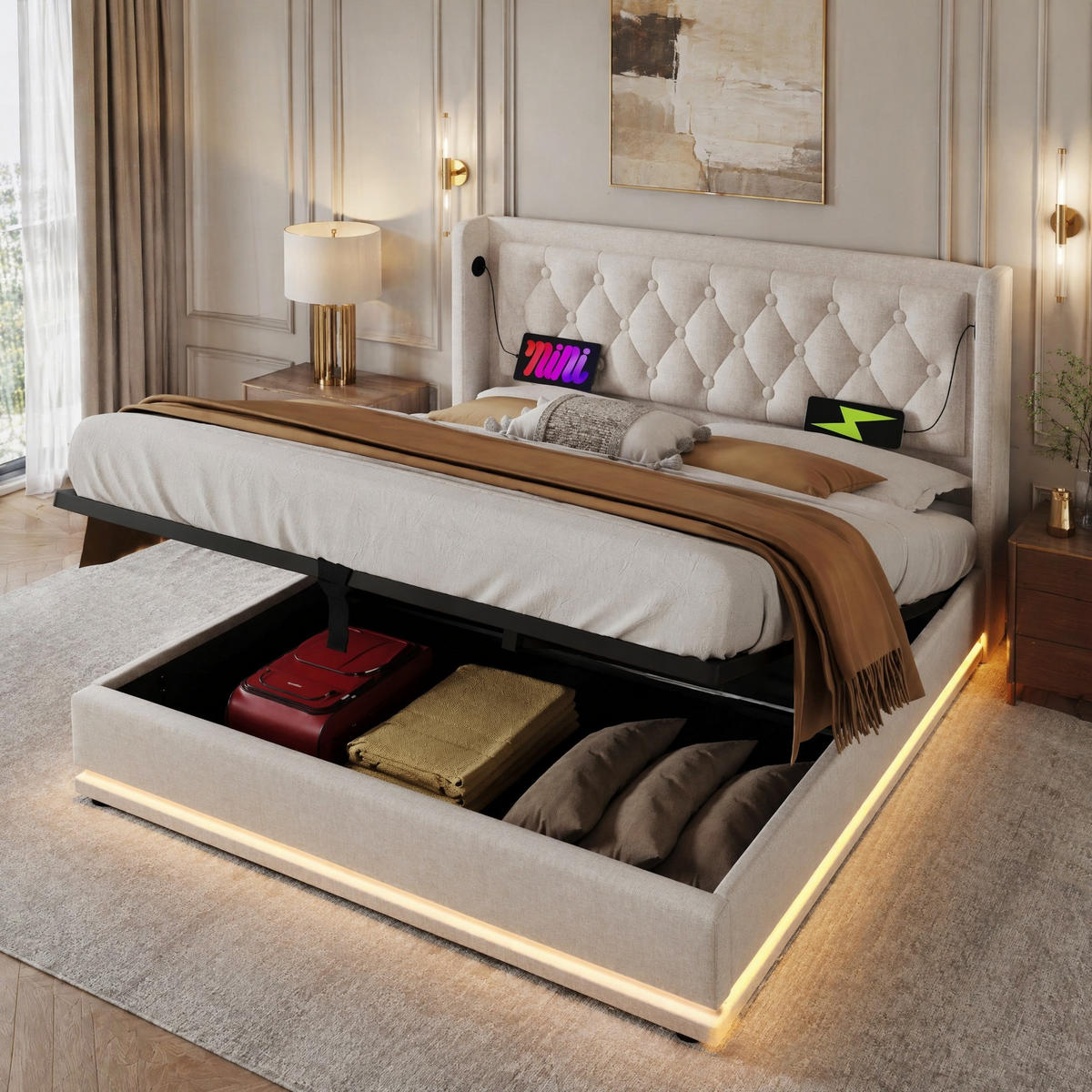 POLSTERBETT 160/200 mit Bettkasten, LED und USB in Beige - Beige, Holzwerkstoff/Textil (160/200cm) - EVRYAE