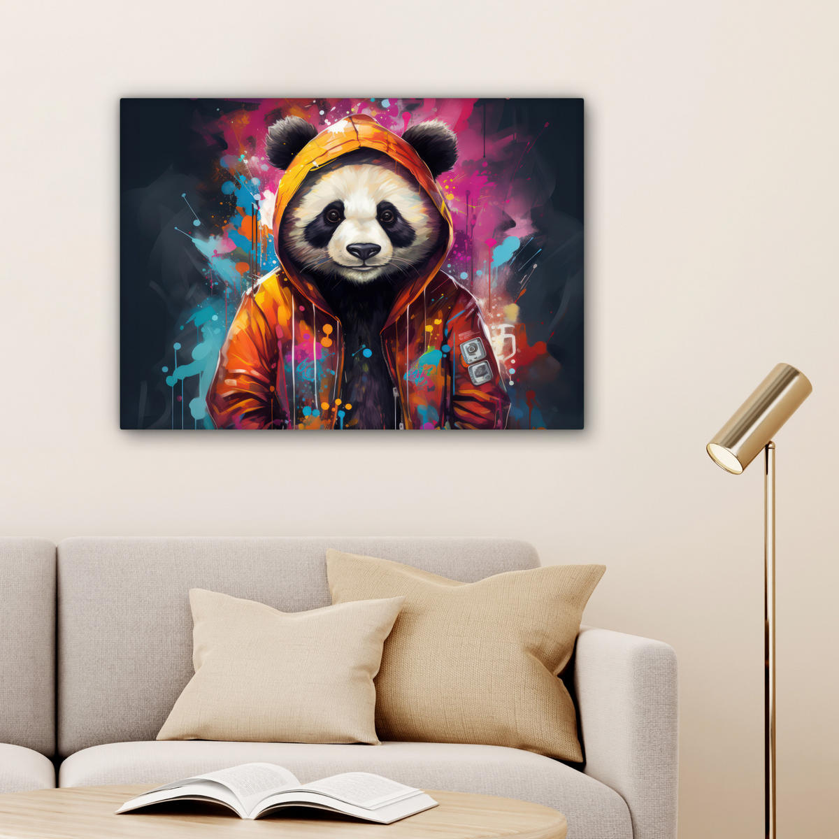 LEINWANDBILD Panda - Jacke - Graffiti - Orange Wandbilder 80x60 cm - Orange, Textil (80/60cm) - MuchoWow
