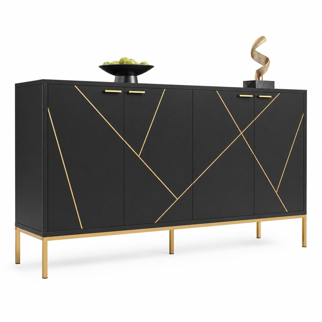 KUCHYŇSKÁ SKŘÍŇ v černé barvě se 4 dvířky a kovovými nohami, do obývacího pokoje a TV prostoru, 150 × 40 × 80 cm - černá/zlatá, kov/kompozitní dřevo (150/80/40cm) - STILVORA
