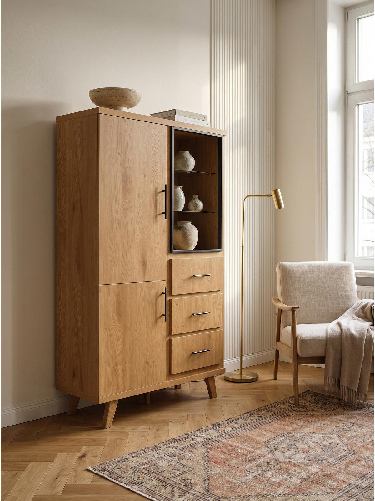 HIGHBOARD BASSANO, MDF, in Eichenoptik, mit Stauraum, 100 x 40 x 188 cm - Hellbraun/Braun, Eichenholz/Holzwerkstoff (100/188/40cm) - KADIMA DESIGN