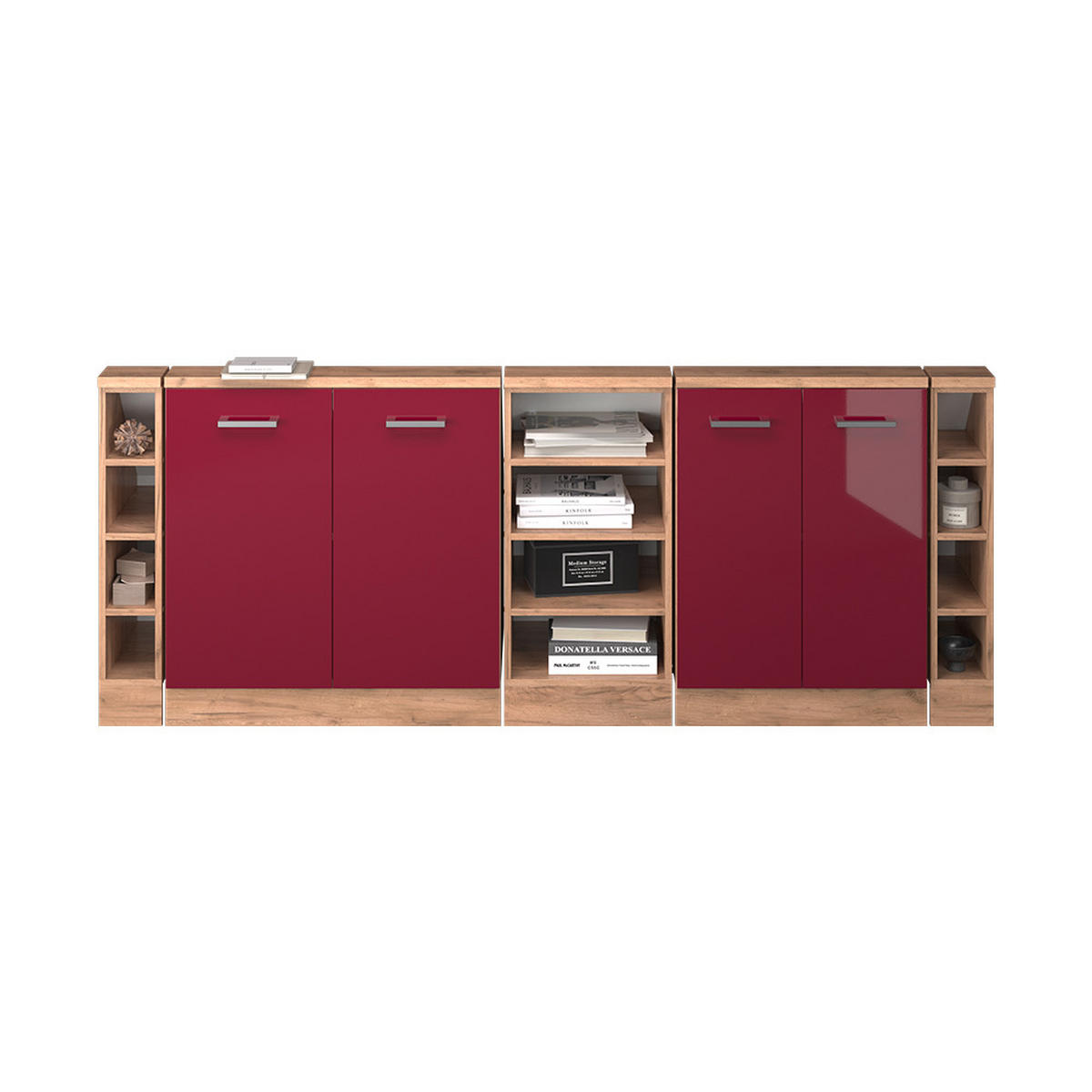 DACHSCHRÄGENSCHRANK-SET Rion Rot Hochglanz/Goldkraft Eiche 5er Set - Honigeiche/Rot, Holzwerkstoff (215/81.6/46cm) - Vicco