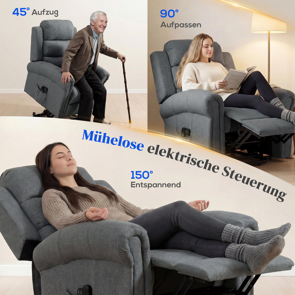 MASSAGESESSEL DE-06429 Mit Aufstehilfe, 45° Lift, 150° neigbar, 8 Massagepunkte, USB Grau - Grau, Textil/Metall (87/108/87.5cm) - ComfortXL