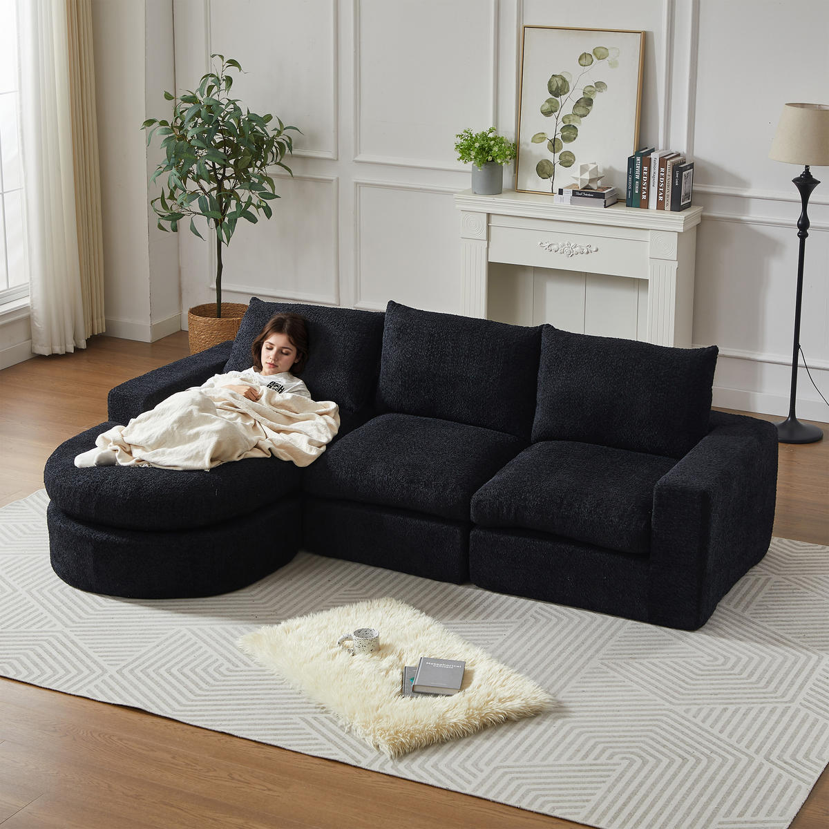 SCHLAFSOFA aus Chenille mit Liegestuhl, montagefrei - Schwarz, Textil (251/81/160cm)