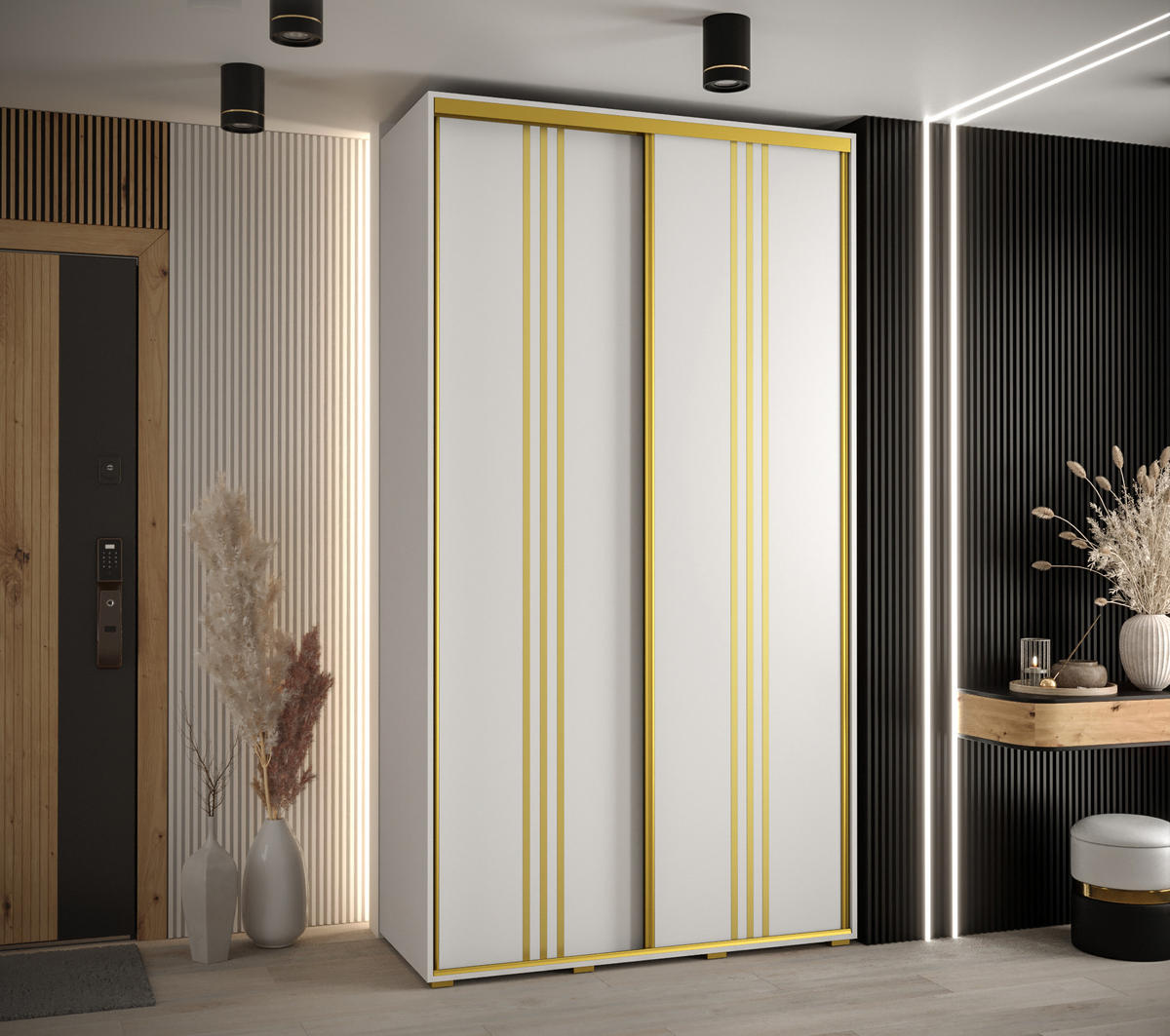 SCHWEBETÜRENSCHRANK 235,2/130/45 2-türig - Goldfarben/Weiß, Holz/Metall (130/235/45cm) - Abiks Möbel