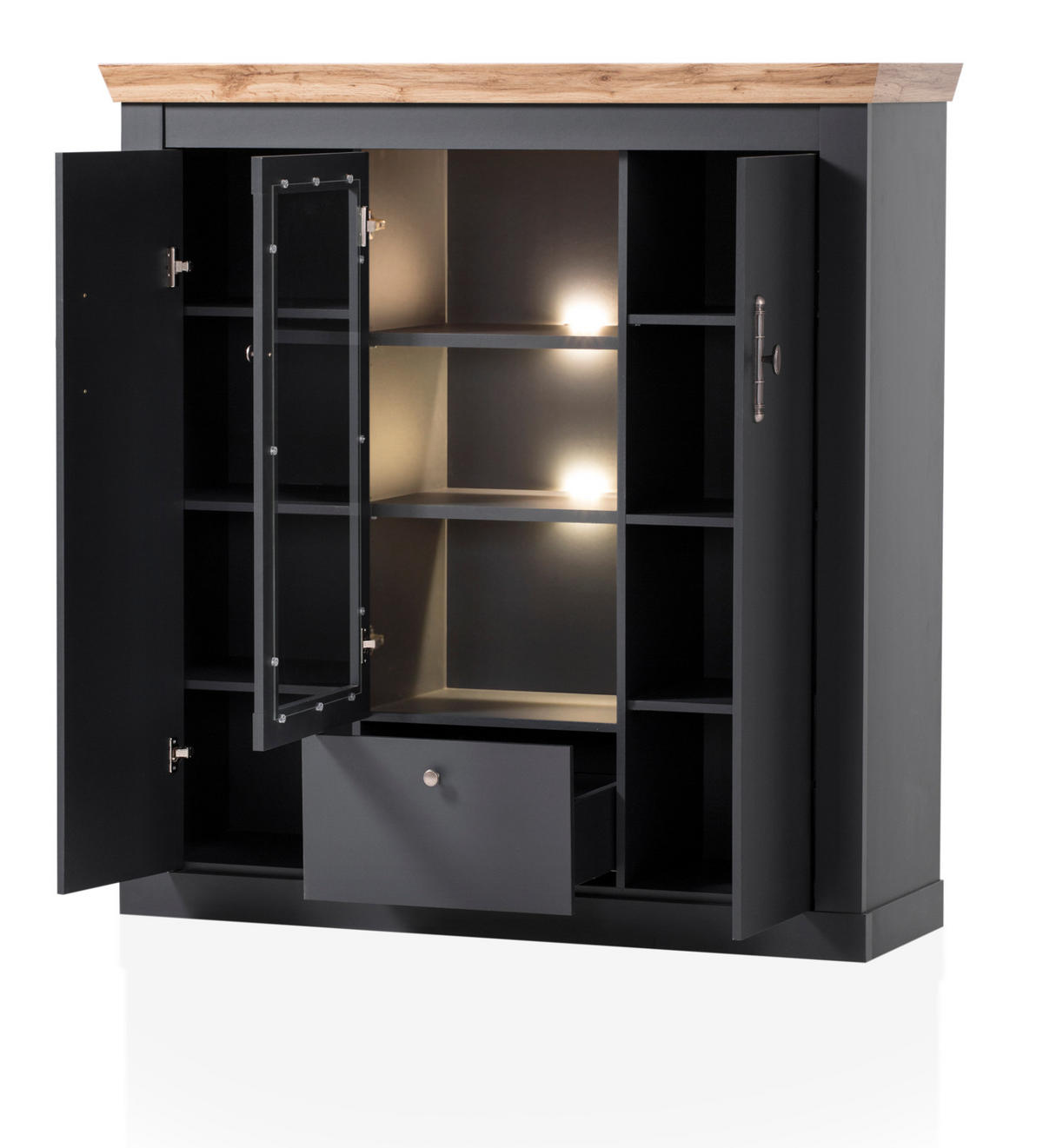 HIGHBOARD grau, Eiche Wotan, Landhaus 141 cm, Vitrine mit Soft-Close - Silberfarben/Eiche Wotan, Glas/Holzwerkstoff (141/146/45cm) - Furn.Design