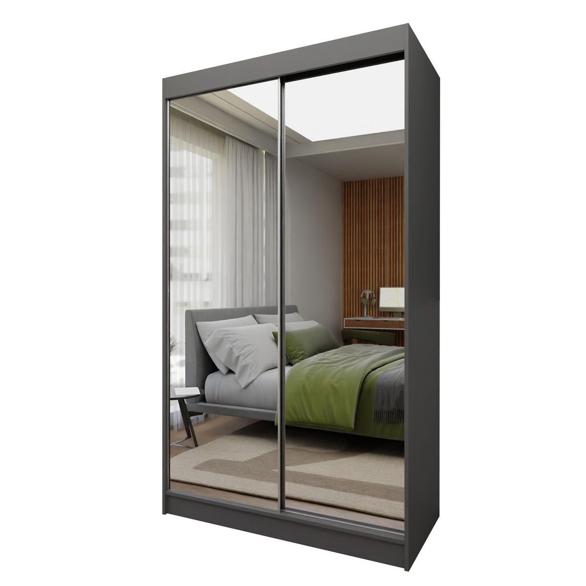 SCHWEBETÜRENSCHRANK BELLINA 120/216/61 cm 2-türig mit Spiegel Grau - Grau, Holzwerkstoff (120/216/61cm) - MASSENO