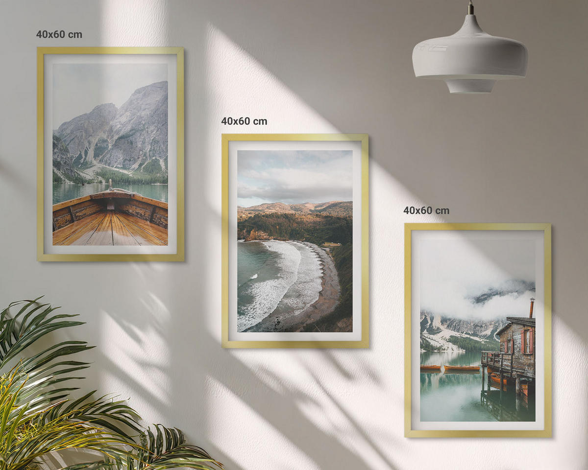 BILDER SET 3er Set - 40x60 cm Goldrahmen - Berge, See, Boot, Strand, Landschaft - Goldfarben, Kunststoff (40/60cm) - TULUP