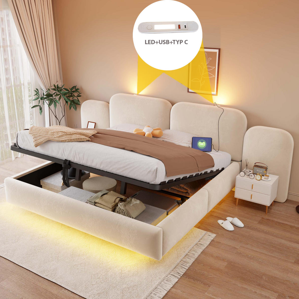 POLSTERBETT 180/200 mit Bettkasten, LED und USB in Beige - Beige, Holzwerkstoff/Textil (180/200cm) - EVRYAE