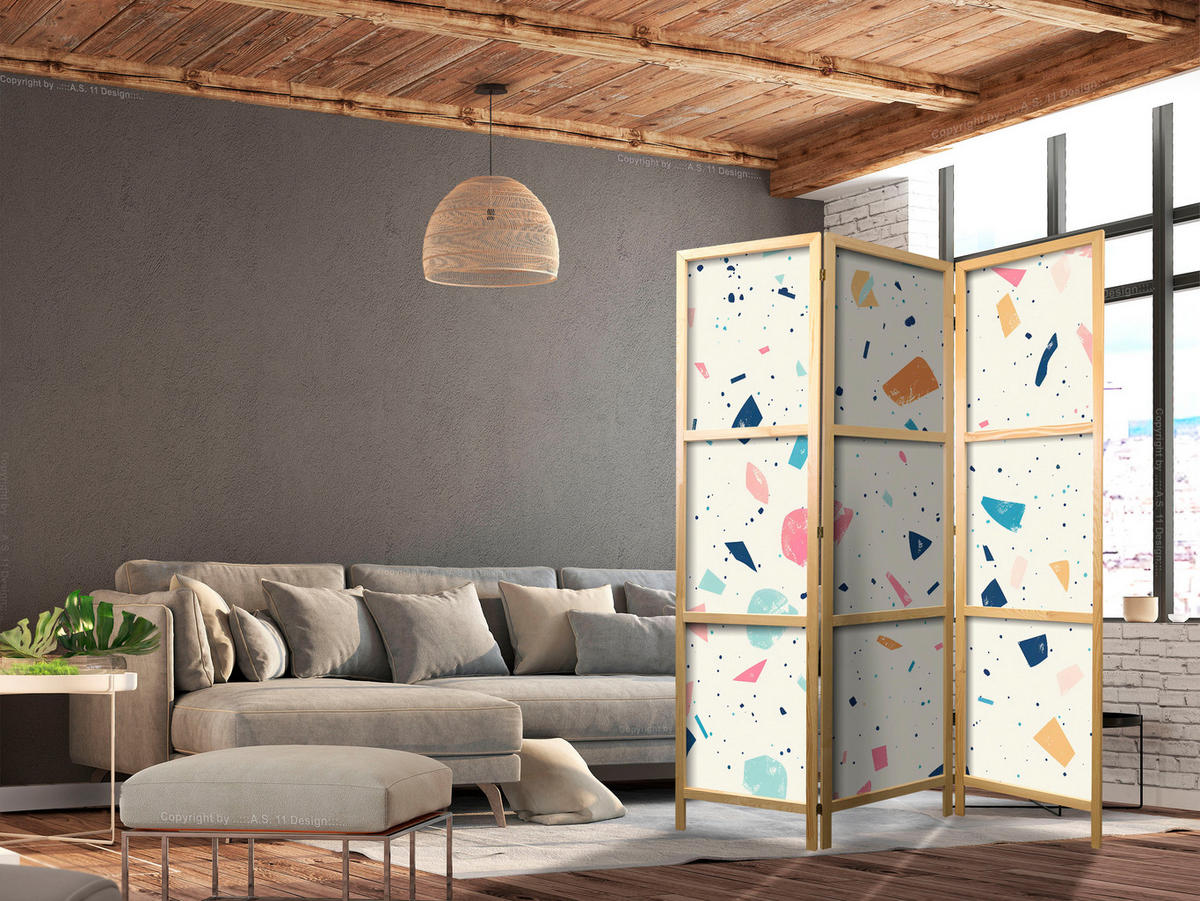 PARAVENT Japanischer 3-tlg 135x172 cm Farbiger Terrazzo Muster - Multicolor, Holz/Textil (135/172/3cm) - Muralo