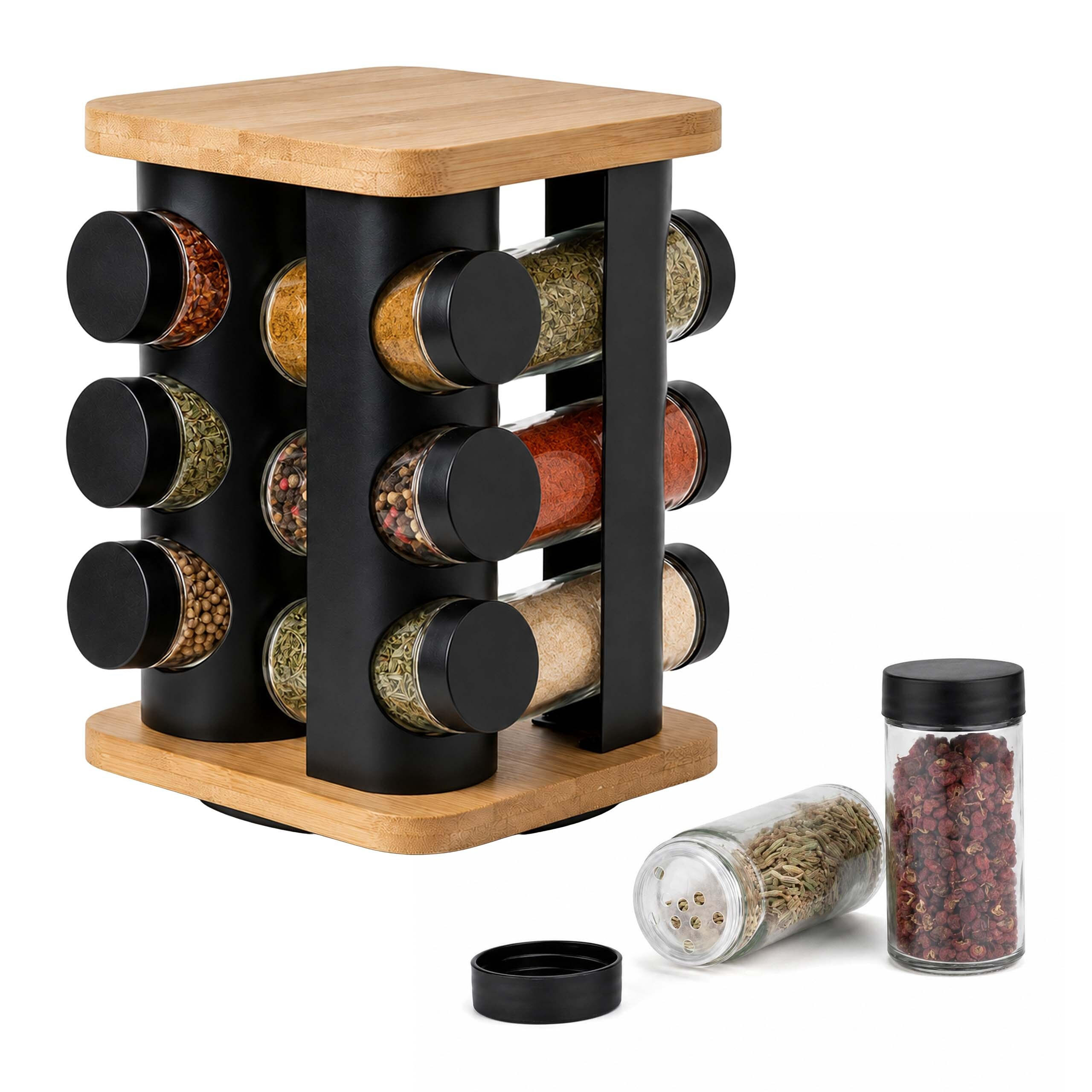 GEWÜRZKARUSSELL Schwarz 12er-Set drehbar - Multicolor, Glas/Holz (18.5/21/18.5cm) - Relaxdays