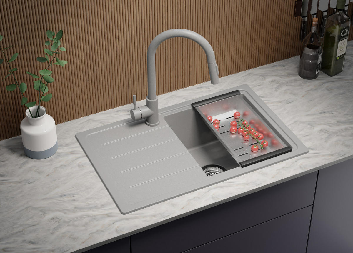 SPÜLBECKEN Kopenhagen Easy, 2-er set Grau 70/44 cm 1 Becken + Ablauf-Set ab 45er Unterschrank - Grau, Kunststoff (70/20/44cm) - Primagran