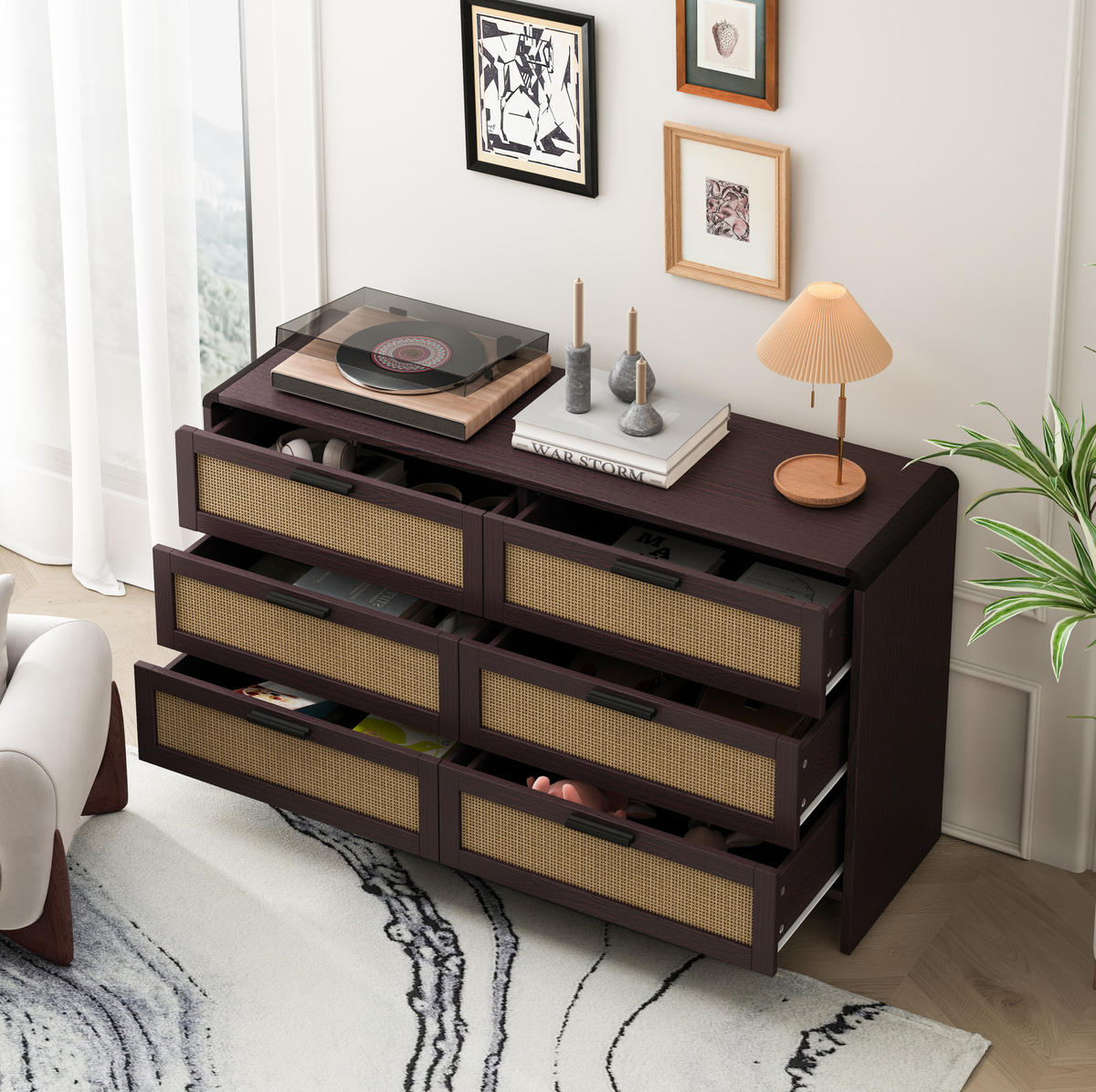 KOMMODE 130 cm in Rotbraun mit 6 Rattanschubladen und abgerundeten Ecken - Braun, Holzwerkstoff (130/74/40cm) - Flora Grace