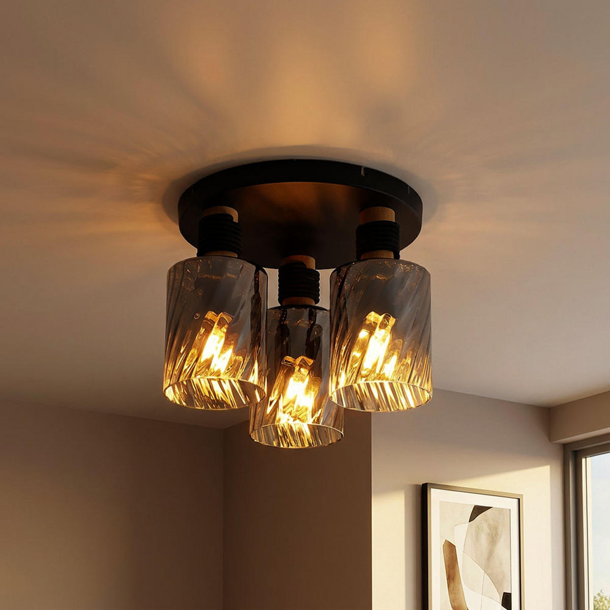 LED DECKENLEUCHTE Metall Rauchglas Schwarz - Schwarz, Holz (31.1/32/25.4cm) - Globo Lighting