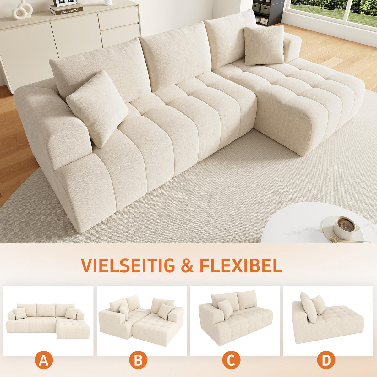ECKSOFA 244.5/136/79 cm Beige Chenille - Beige, Textil (244.5/136cm) - Oxeza