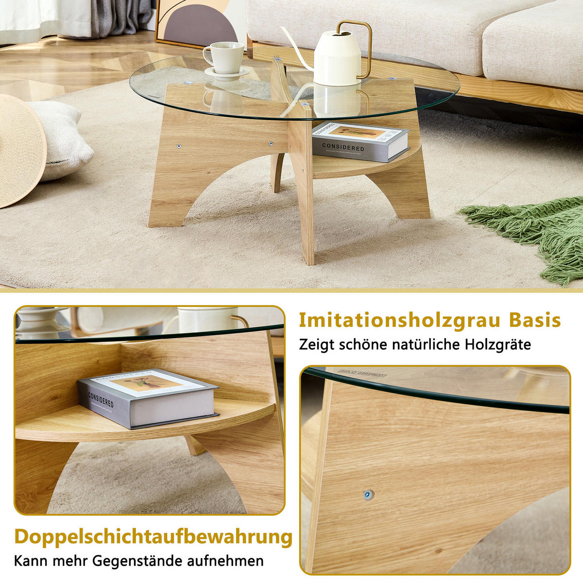 COUCHTISCH 80/80/36 cm mit Sicherheitsglasplatte und fächerförmigem MDF-Gestell, Transparent/Naturholz - Naturfarben, Holzwerkstoff (80/80/36cm) - Redom