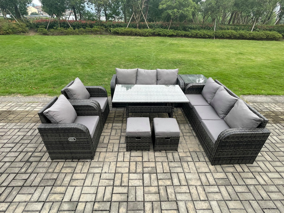 GARTENTISCHGRUPPE mit 2 Hocker Polyrattan Dunkelgrau 8-Sitzer - Dunkelgrau/Grau, Glas/Kunststoff - Fimous