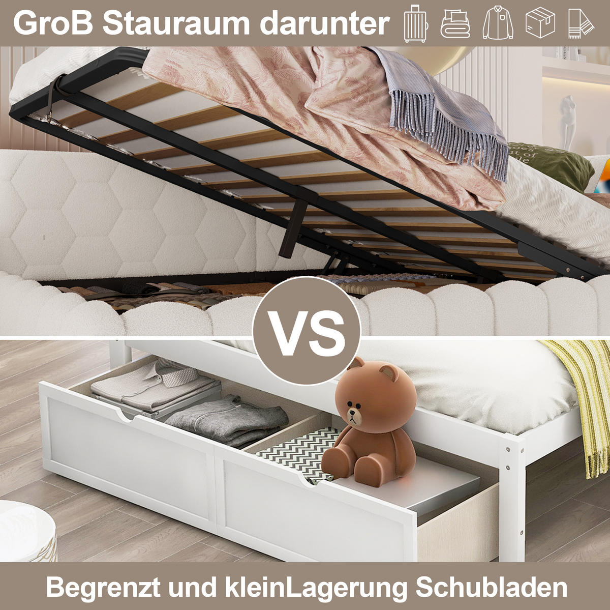 DENNÍ postel 140/200 cm bílá z MDF a sametové látky s LED osvětlením a úložným prostorem - bílá, textil (140/200cm) - OKWISH