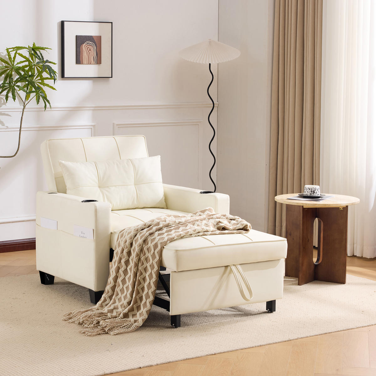 RELAXSESSEL 87/74/84 cm Cremefarben mit Getränkehaltern und USB Anschluss - Weiß, Textil (74/84/87cm) - Oxeza