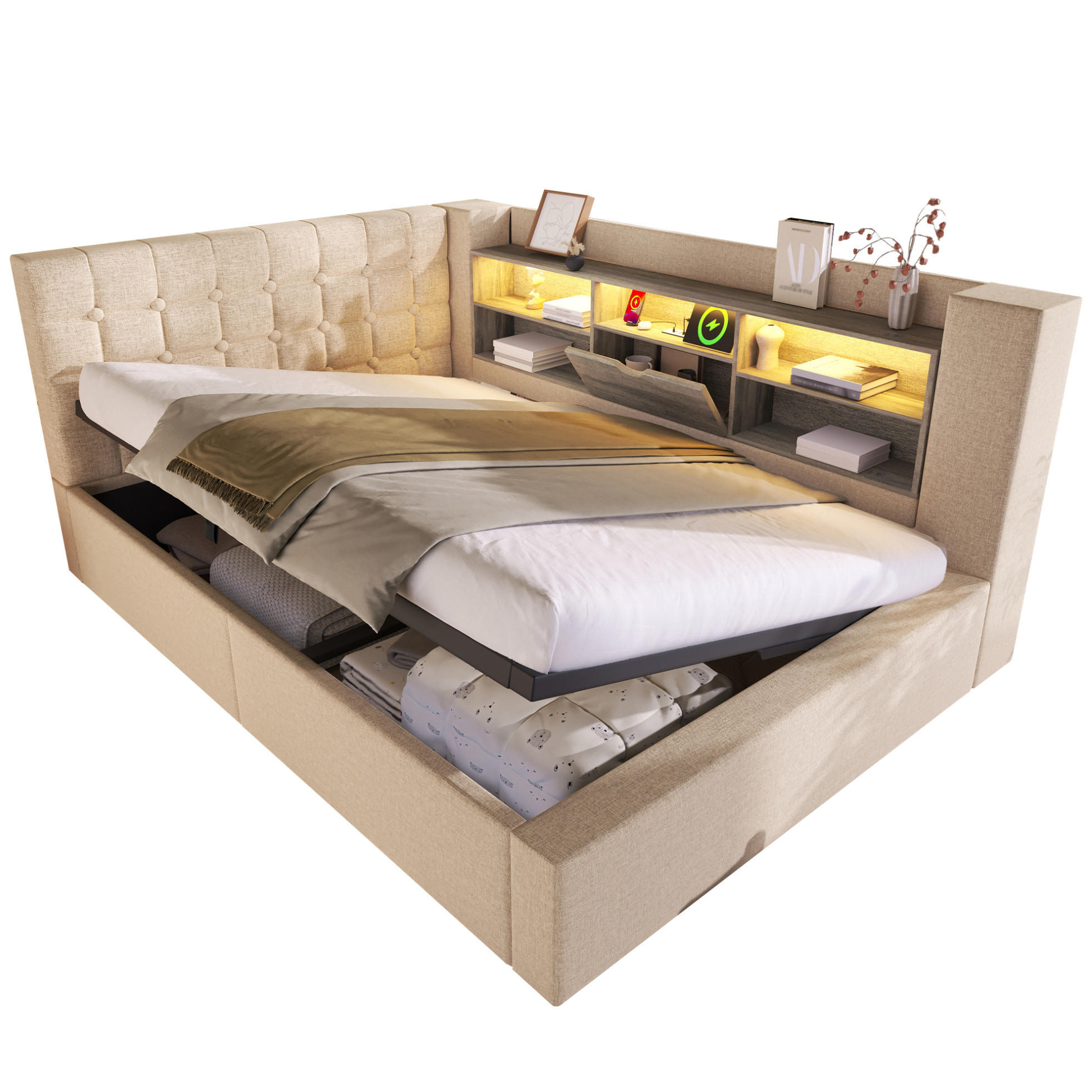 POLSTERBETT mit Stauraum 140x190 cm Beige mit LED und Ladeanschlüssen - Beige, Metall (140/190cm) - Meubliv