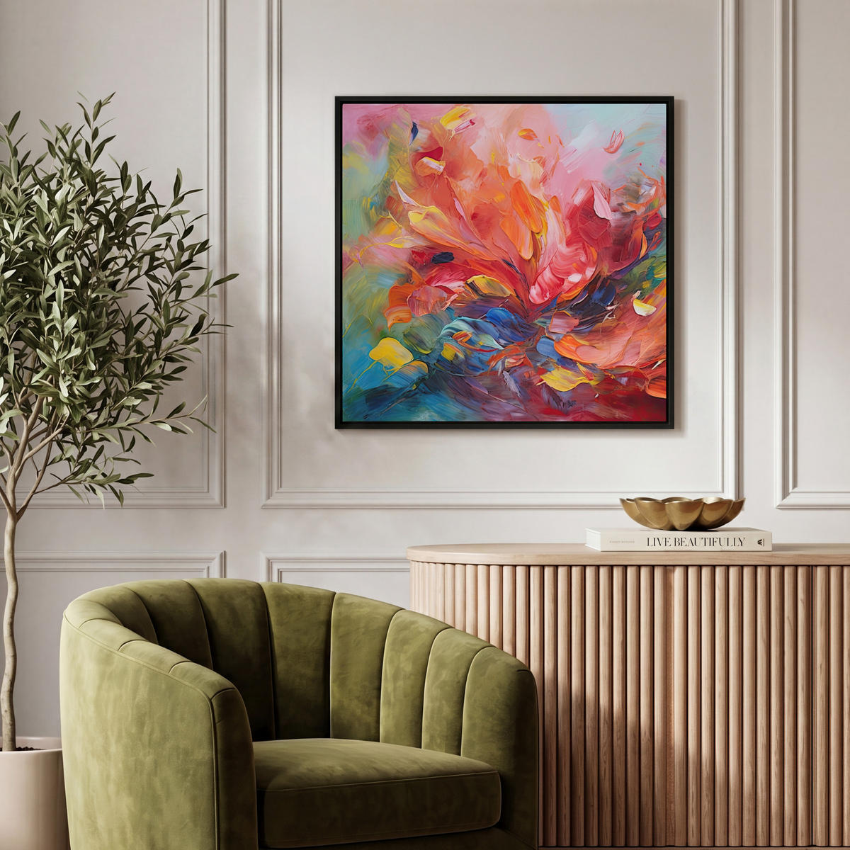 LEINWAND Bilder mit Rahmen - Ölgemälde - Kunst - Abstrakt - Farbenfroh - 50x50 - Altrosa, Textil (50/50cm) - MuchoWow