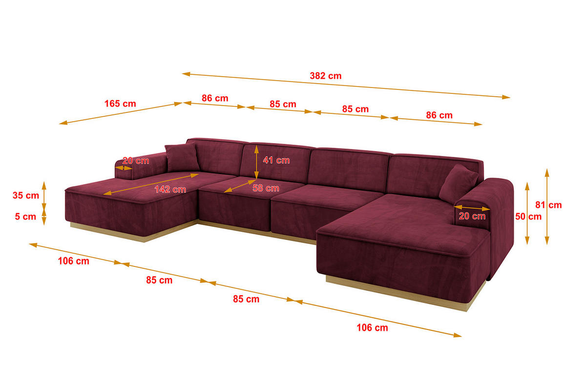 WOHNLANDSCHAFT IREA-U2-v2 - 382x165x81 cm Bordeauxrot - Bordeaux, Holzwerkstoff/Textil (382/81/165cm) - ALTDECOR