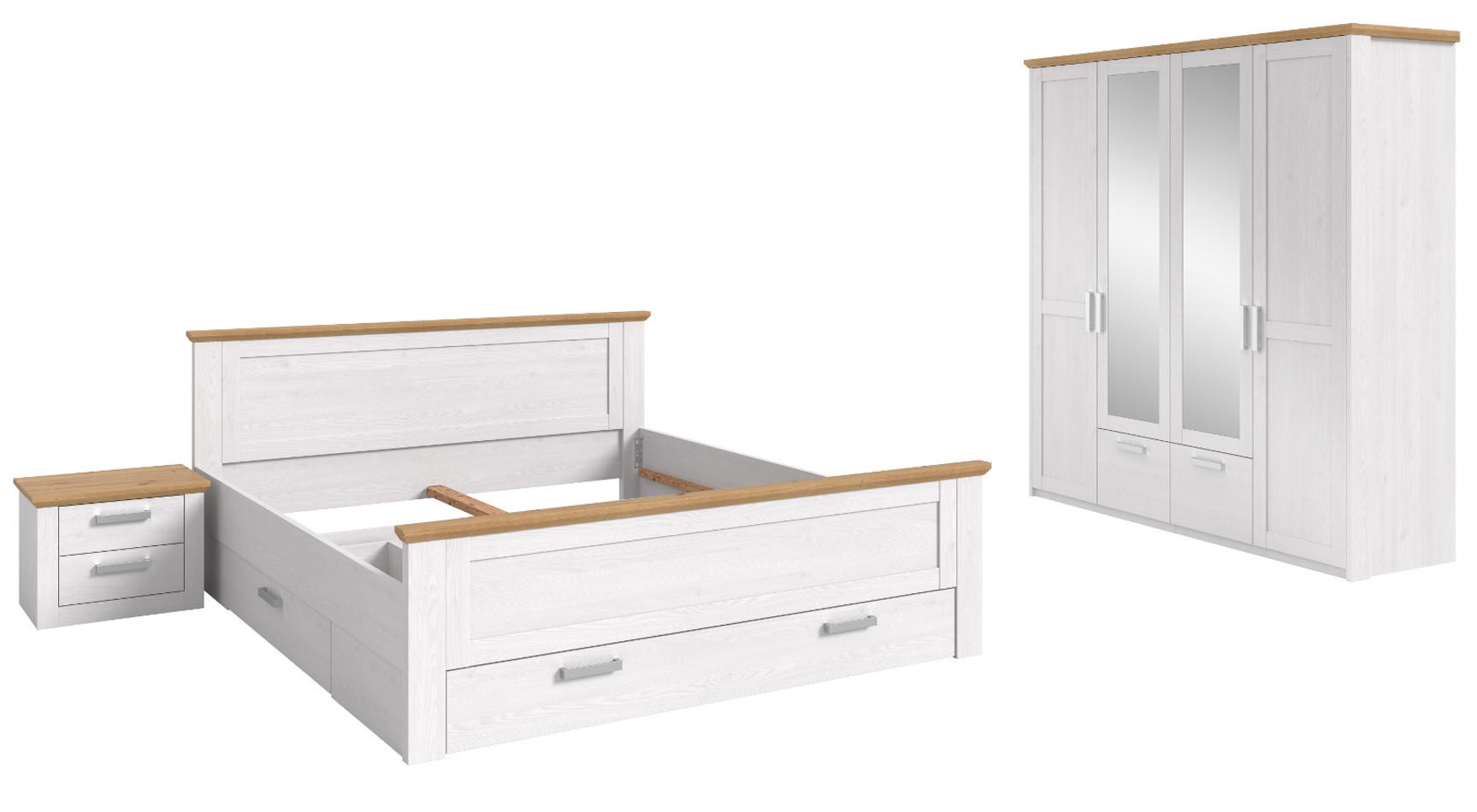 SCHLAFZIMMER weiß Lärche, Eiche Artisan Landhaus, Komplettset mit Bett Liegefläche 180 x 200 cm - Eichefarben/Silberfarben, Holzwerkstoff/Kunststoff (180/200cm) - Inn.Furn