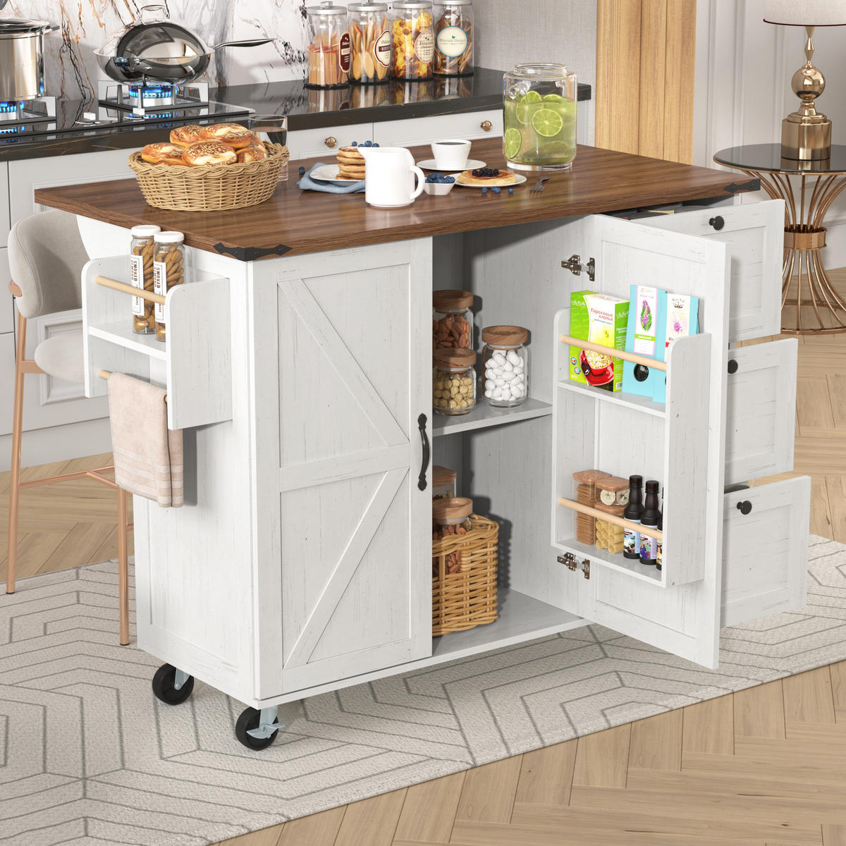 KÜCHENINSEL 140/45/92,5 cm beige mit klappbarer Arbeitsplatte - Weiß, Holzwerkstoff (140/92.5/73cm) - OKWISH