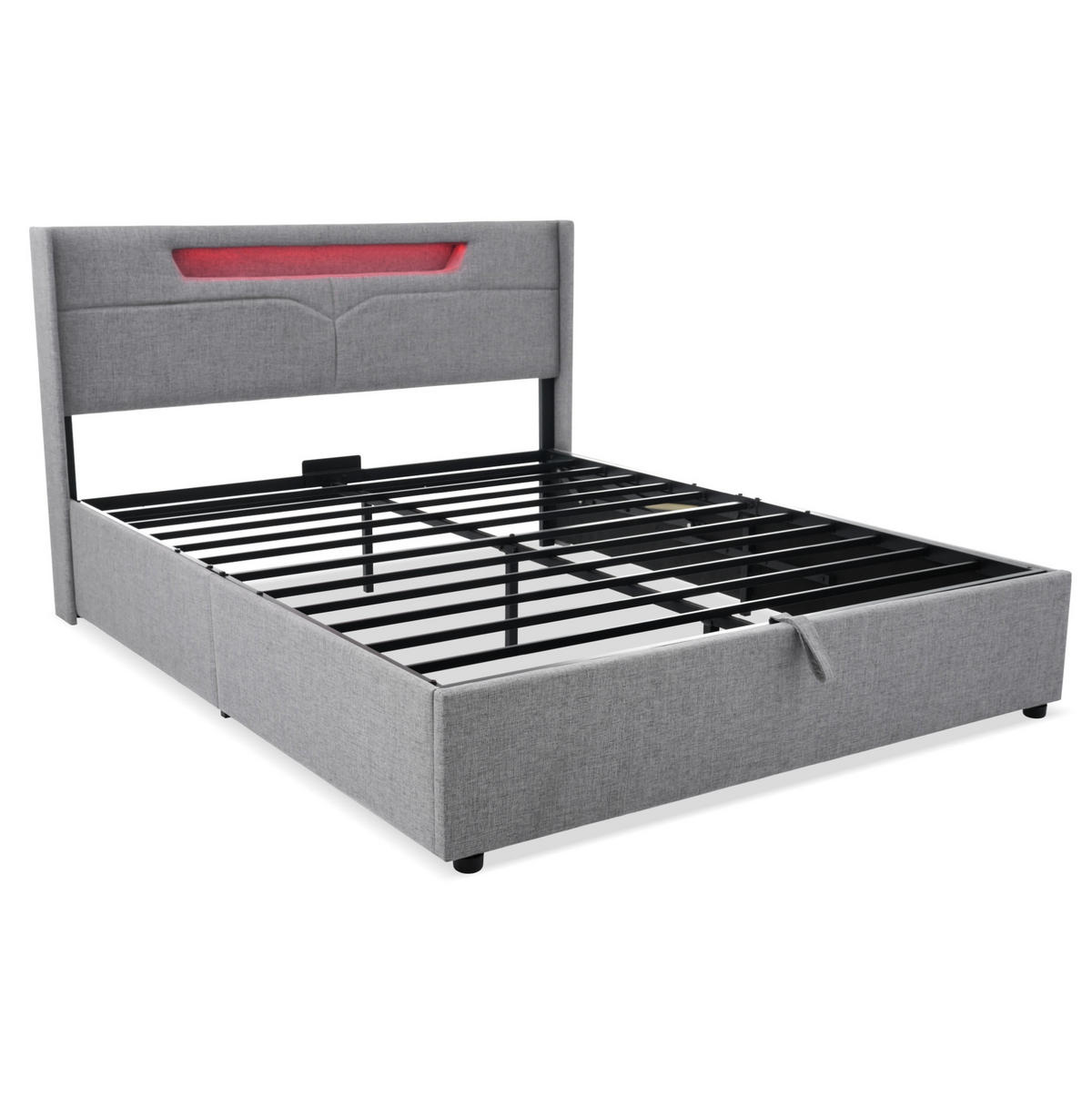 ČALOUNĚNÁ postel 160/200 cm s LED osvětlením, USB a USB-C nabíjením, úložným prostorem a matrací, Šedá - šedá, textil (160/160cm) - Redom