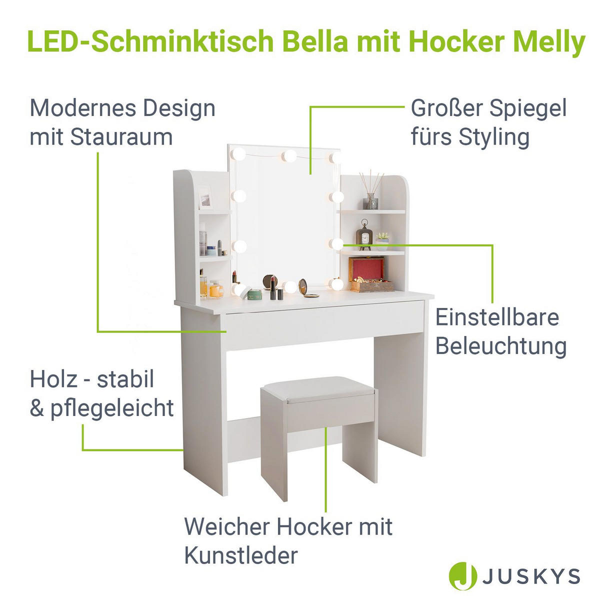SCHMINKTISCH Bella mit mit LED und Hocker Melly - Weiß, Holz (40/140/108cm) - Juskys