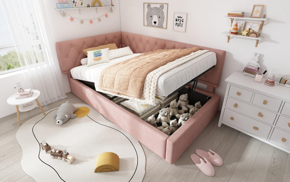 POLSTERBETT 90/200 cm Rosa aus Samt mit Stauraum - Pink, Textil (90/200cm) - OKMYHOME