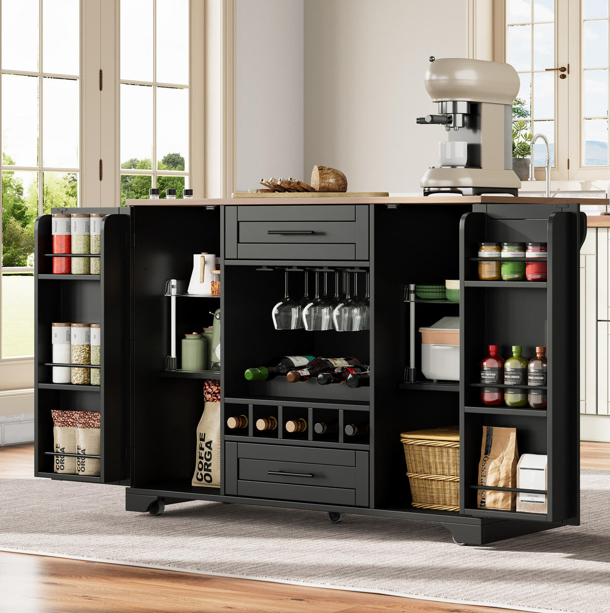 KÜCHENINSEL 138/45(70)/92 cm mit klappbarer Arbeitsplatte, Weinregal und Rollen, MDF, Schwarz/Natur - Schwarz, Holzwerkstoff (138/92/70cm) - Redom