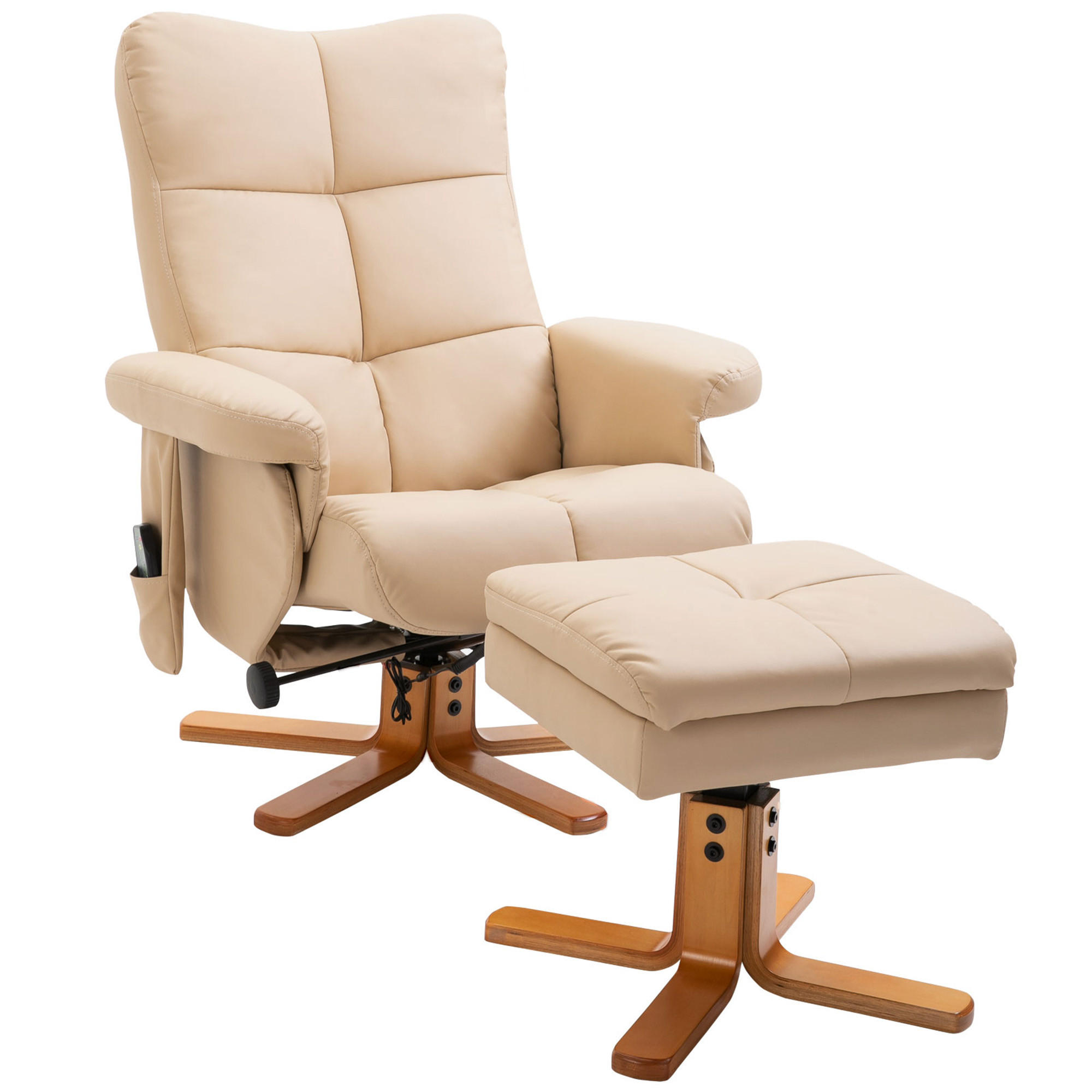 RELAXSESSEL mit Liegefunktion Massagesessel mit Fußhocker Polyester Cremeweiß - Champagner/Creme, Leder/Holz (86/99/80cm) - HOMCOM