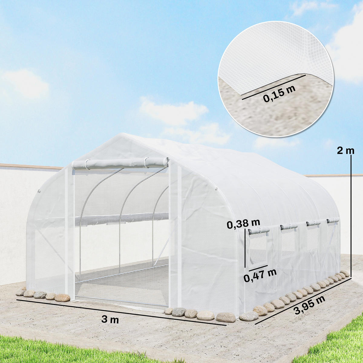 GEWÄCHSHAUS DE-12046 mit 8 Fenstern & Rolltür Weiß - Weiß, Kunststoff (300/200/395cm) - ComfortXL