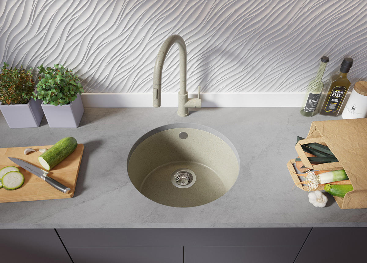 UNTERBAUSPÜLE GRANIT Valletta, 2-er set Beige 46/46 cm 1 Becken + Küchenarmatur 40/20 cm + Ablauf-Set ab 50er Unterschrank - Beige, Kunststoff (46/20/46cm) - Primagran