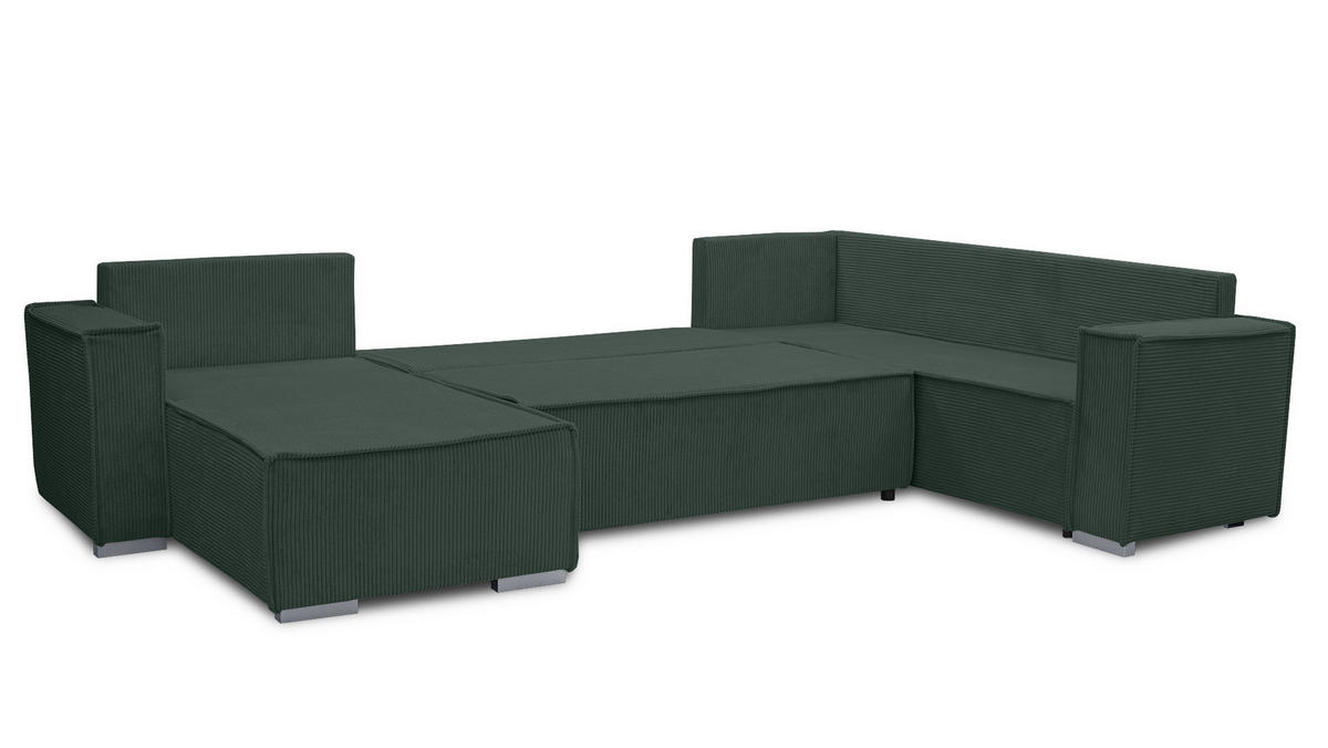 WOHNLANDSCHAFT Lovere U Dunkelgrün 314/217/90 cm – mit Schlaffunktion und Bettkasten - Silberfarben/Grün, Textil/Metall (314/90/217cm) - AX Living
