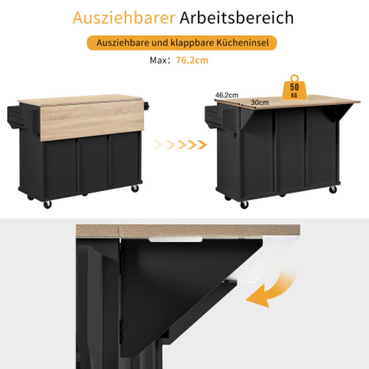 KÜCHENINSEL mit ausziehbarer klappbarer Arbeitsplatte schwarz-natur 112×46,2-76,2×92,7 cm aus MDF - Schwarz, Holzwerkstoff (112/92.7/76.2cm) - Luhomfu