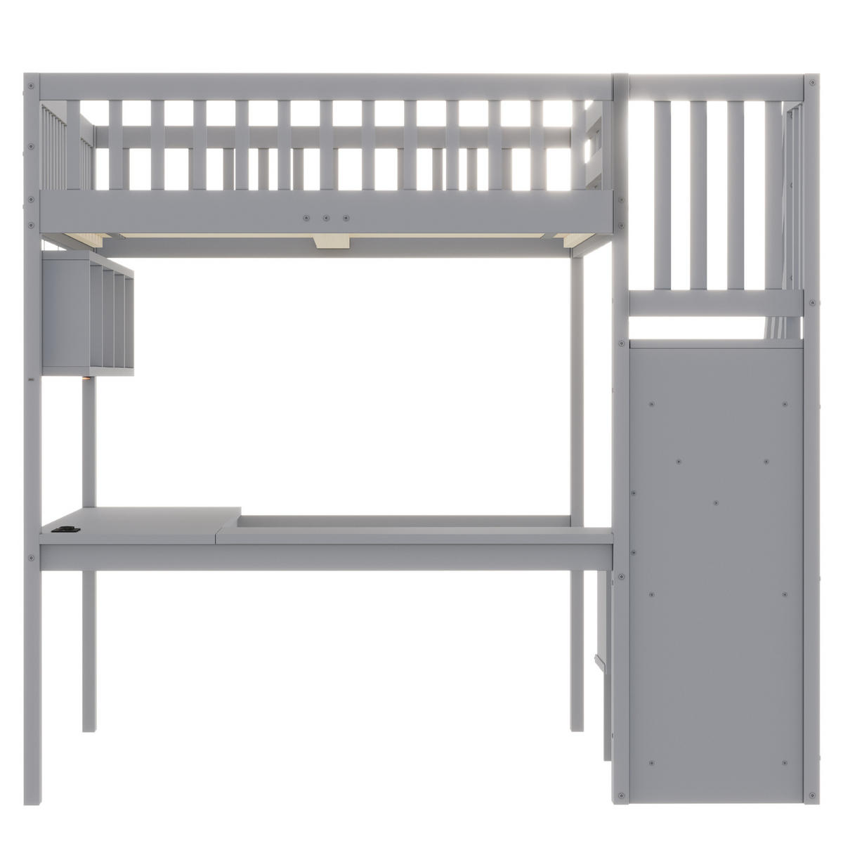 HOCHBETT 140x200 cm Grau mit Schreibtisch, Stauraumtreppe, LED-Beleuchtung und Steckdosen - Grau, Holz (140/200cm) - IVMEU