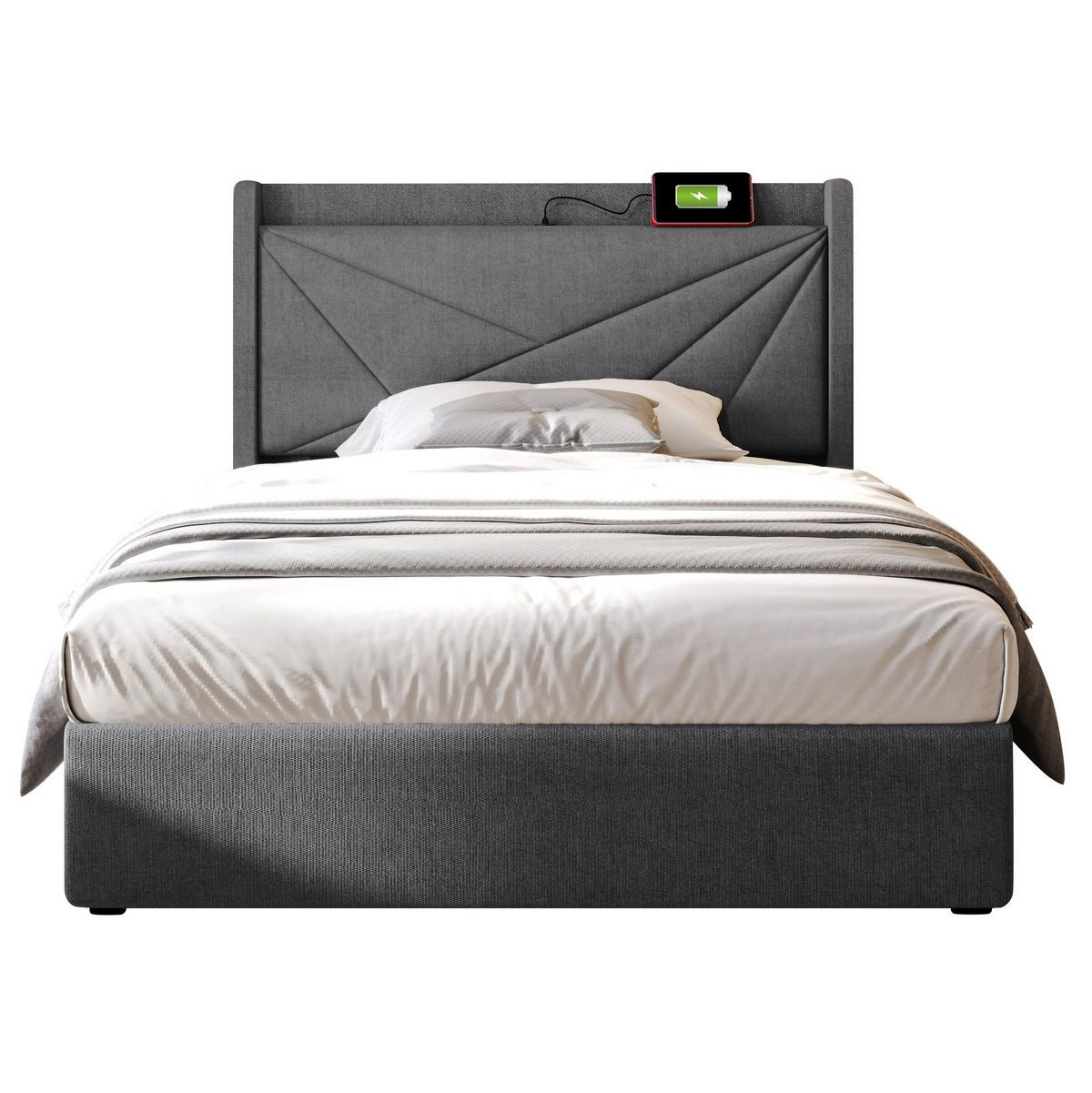 POLSTERBETT aus Baumwollleinen 90x200 cm Grau mit Bettkasten, USB- und USB-C-Anschluss - Grau, Textil (90/200cm) - IVMEU