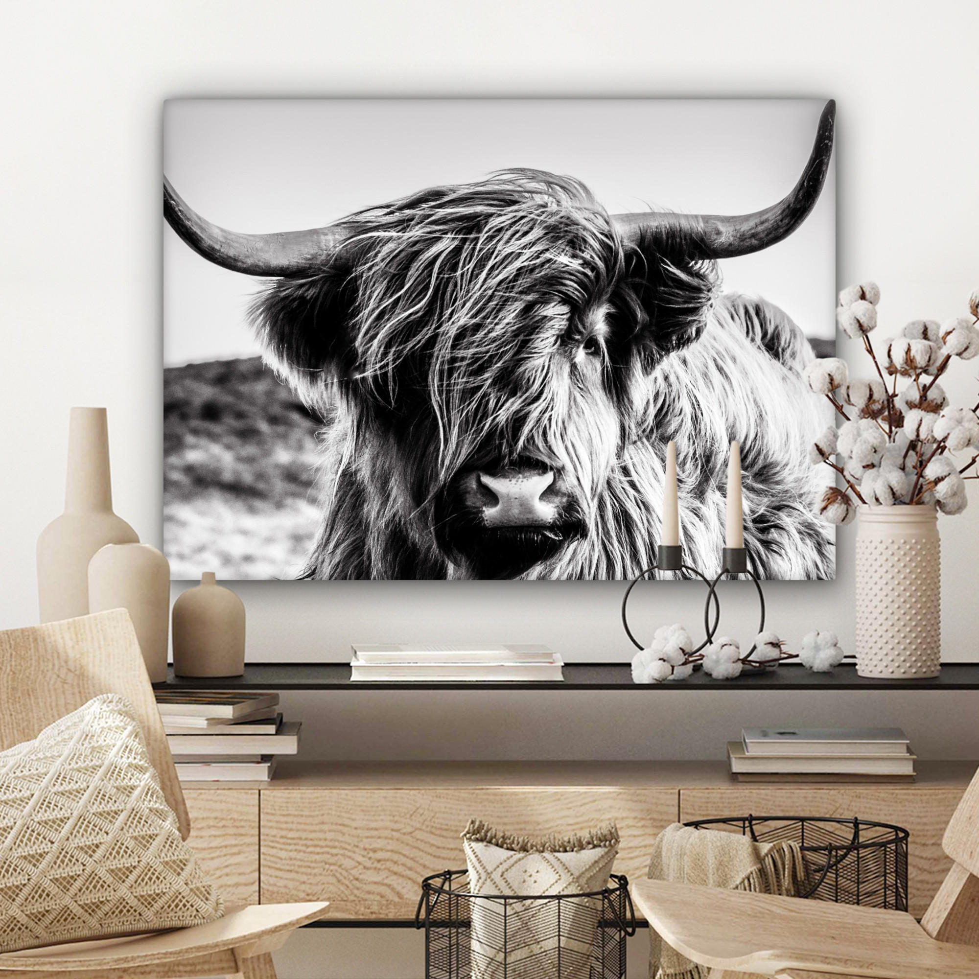 LEINWANDBILD Kuh - Schottischer Hochländer - Schwarz - Weiß - Tier - Natur - Wildtiere Wandbilder 80x60 cm - Schwarz, Textil (80/60cm) - MuchoWow