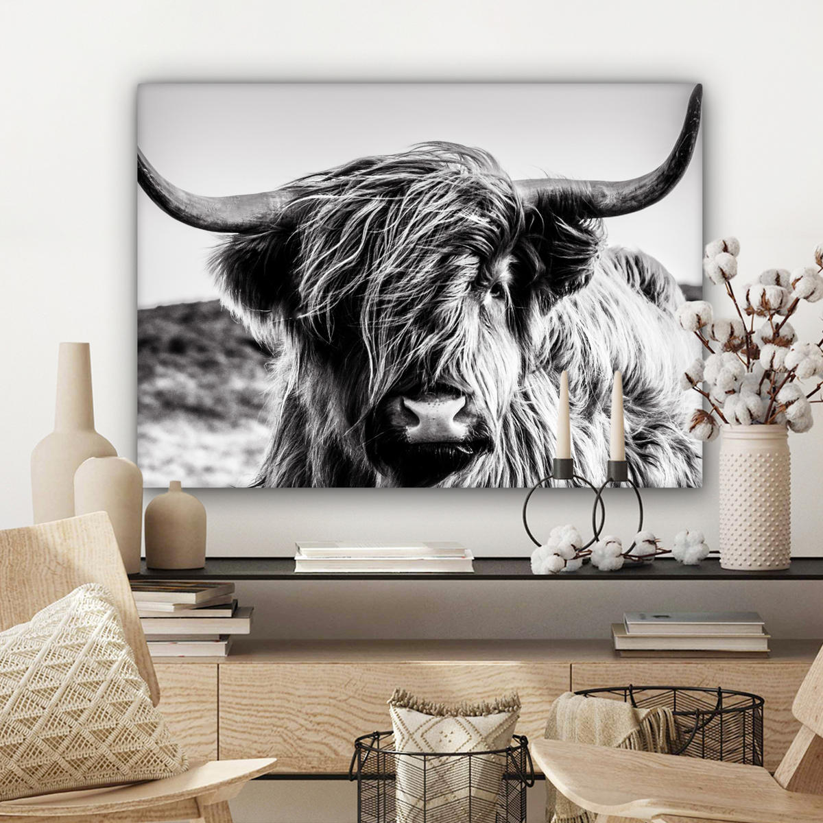 LEINWANDBILD Kuh - Schottischer Hochländer - Schwarz - Weiß - Tier - Natur - Wildtiere Wandbilder 80x60 cm - Schwarz, Textil (80/60cm) - MuchoWow