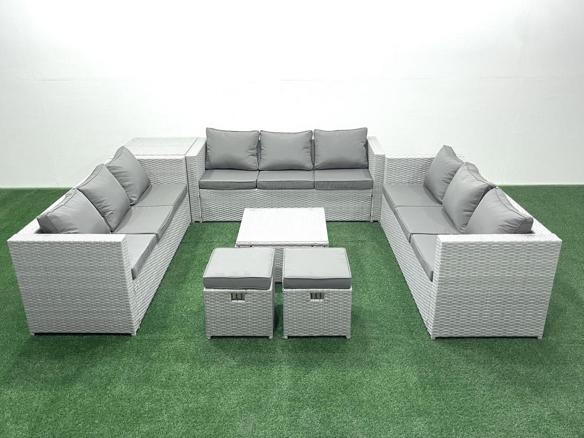 GARTENMÖBELSET mit 3-SITZER SOFA,COUCHTISCH Polyrattan Hellgrau-Mix 11-Sitzer - Hellgrau/Grau, Glas/Kunststoff - Fimous