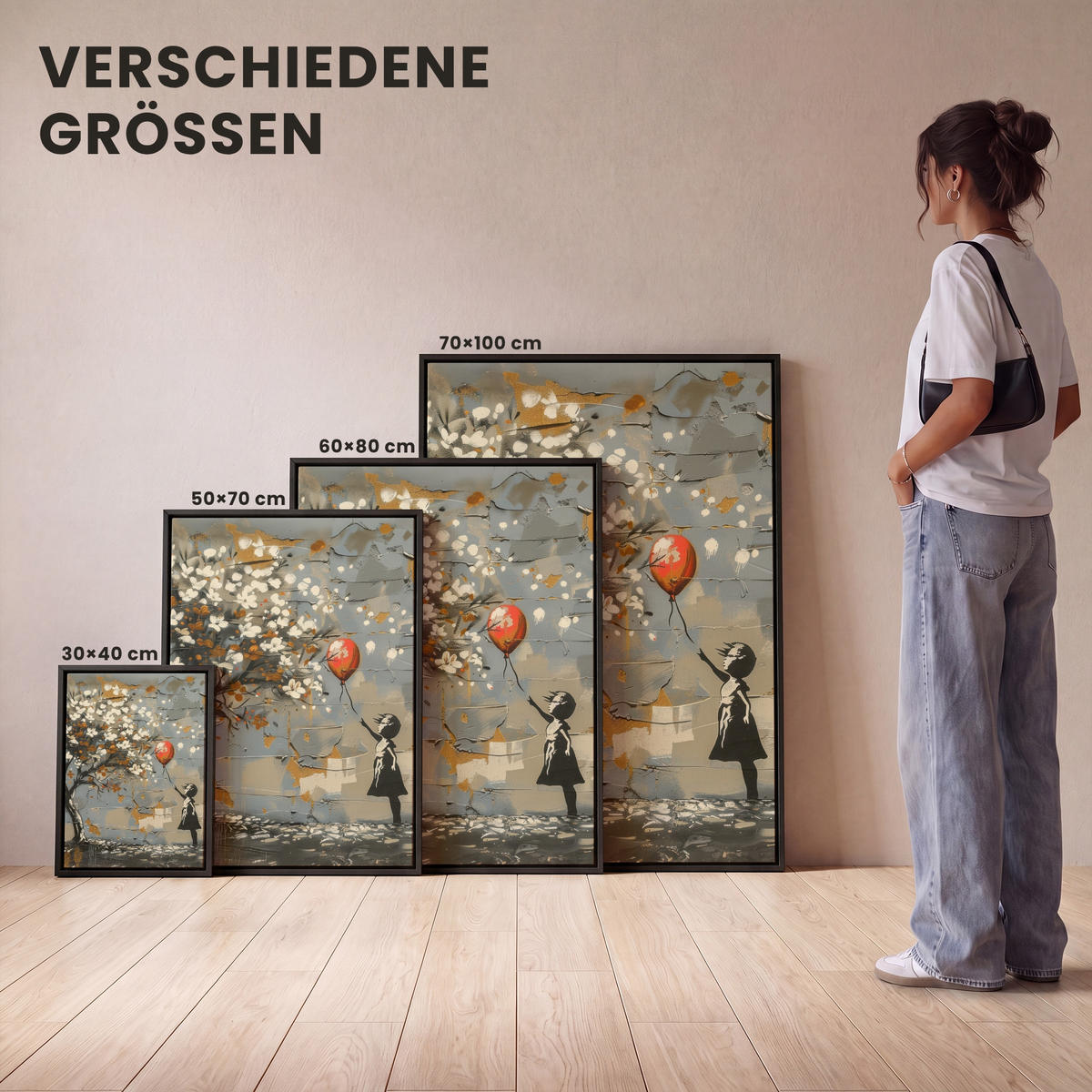 LEINWAND Bilder mit Rahmen - Baum - Graffiti - Banksy-Stil - Ballon-Mädchen - 30x40 - Blaugrau, Textil (30/40cm) - MuchoWow