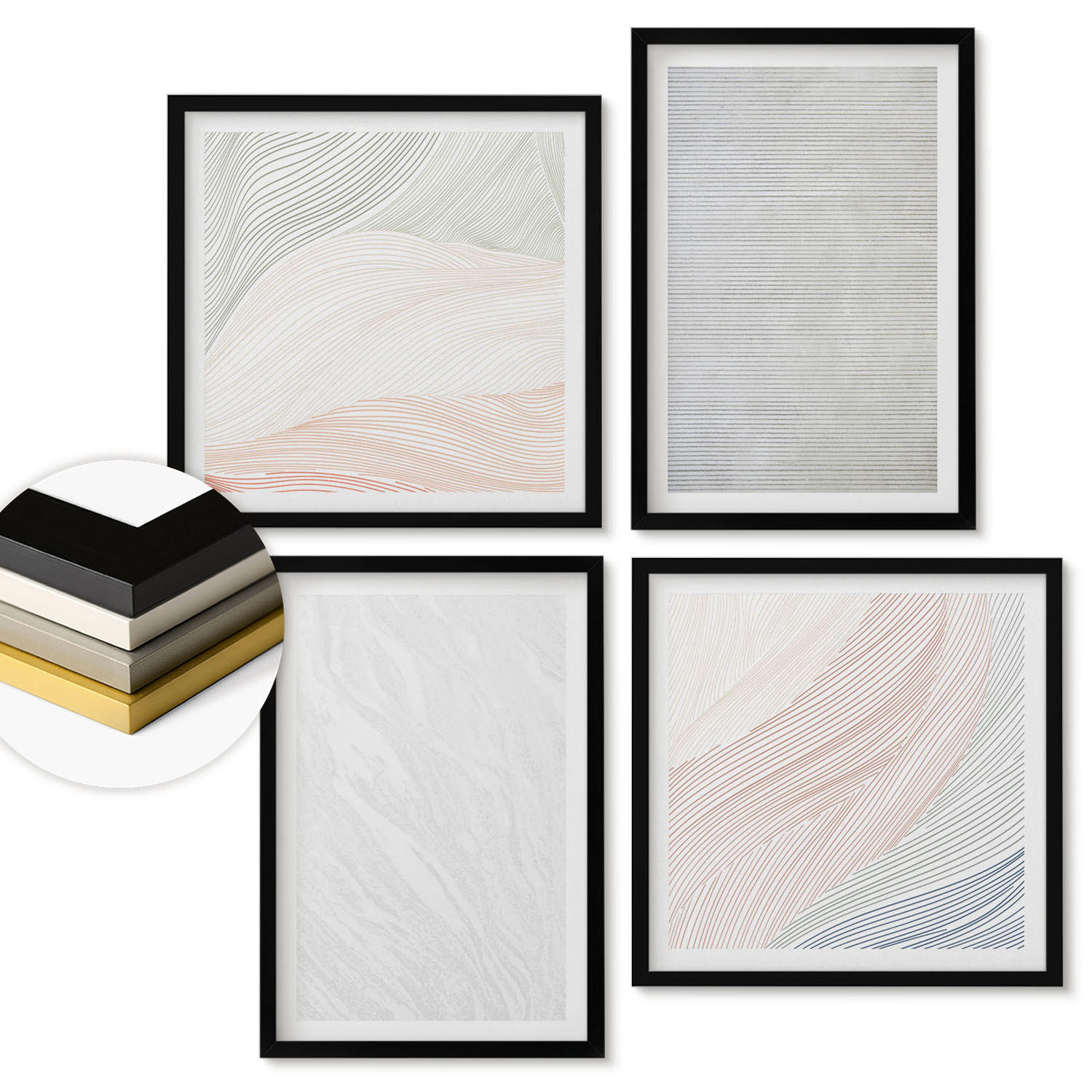 WANDBILDER 4er-Set - 50x50 cm & 40x60 cm Schwarzer Rahmen - Leuchtende Strukturen, Sandmuster - Schwarz, Kunststoff (50/50cm) - ArtPrintCave