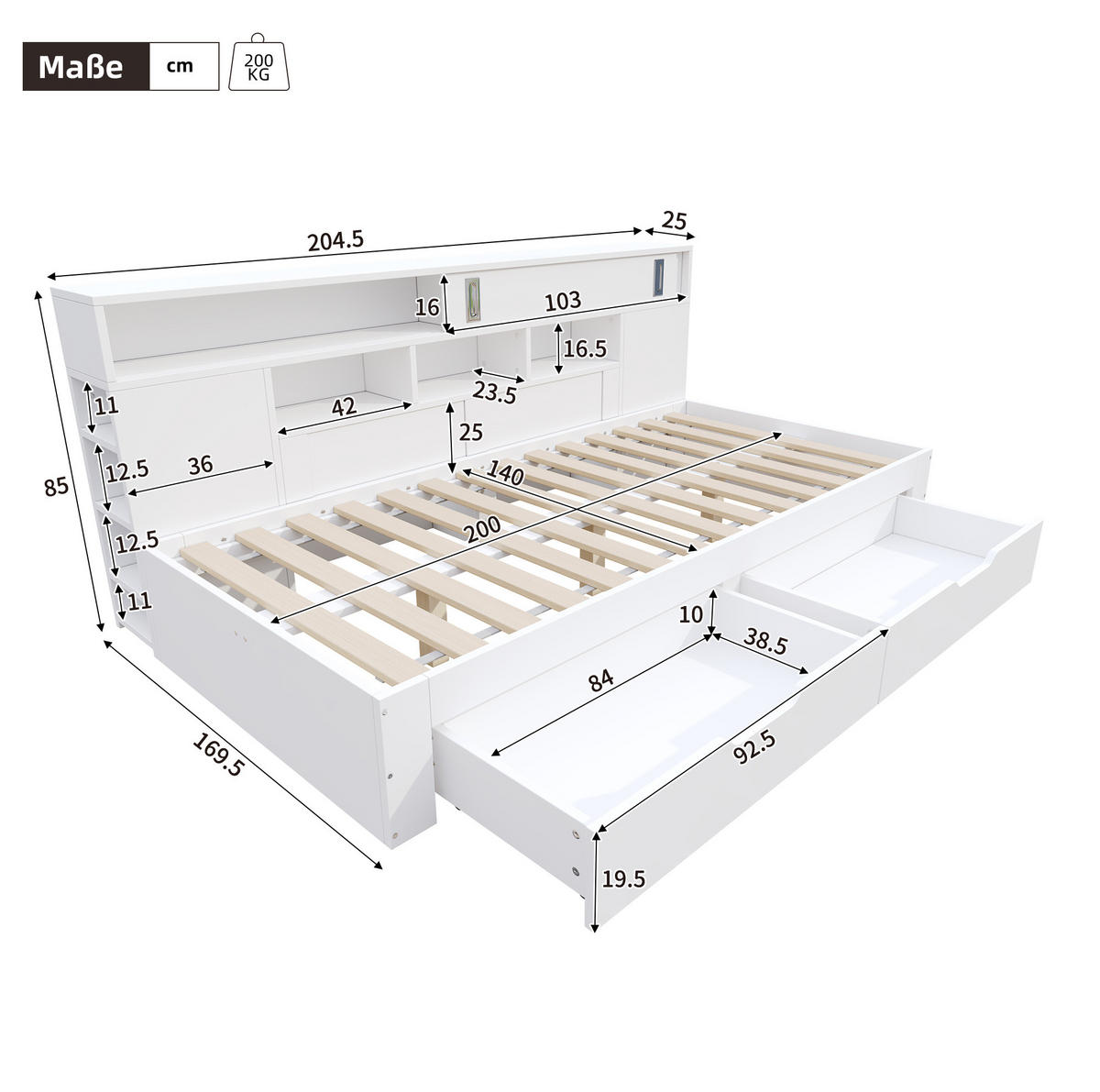 POSTEL 140/200 cm bílá z MDF s úložnými zásuvkami a policemi - bílá, kompozitní dřevo (140/200cm) - OKWISH