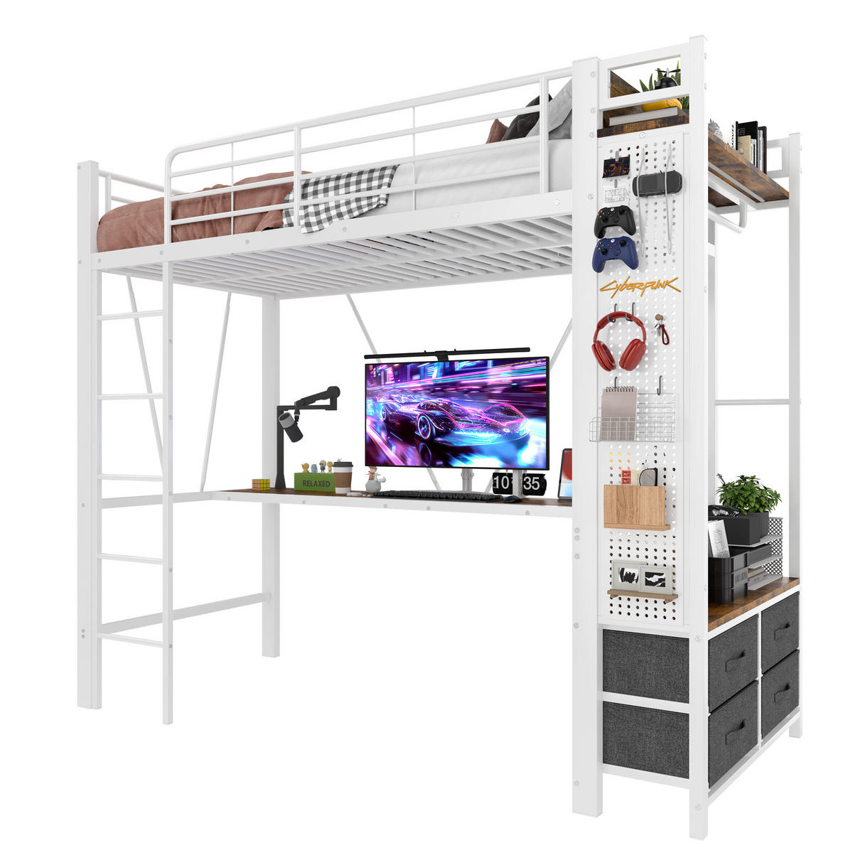 VISOKI krevet 90/200 cm s radnim stolom, USB i TYPE-C priključkom, LED rasvjetom i 4 ladice, Bijela - bijela, metal (90/200cm) - Redom